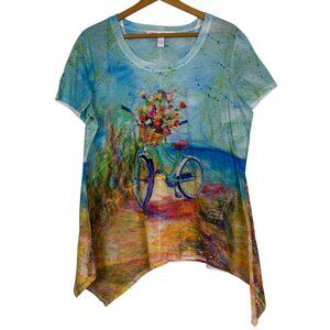Leoma Lovegrove Bicycle Floral Print Top Sz Large Asymmetrical Hem Short Sleeve